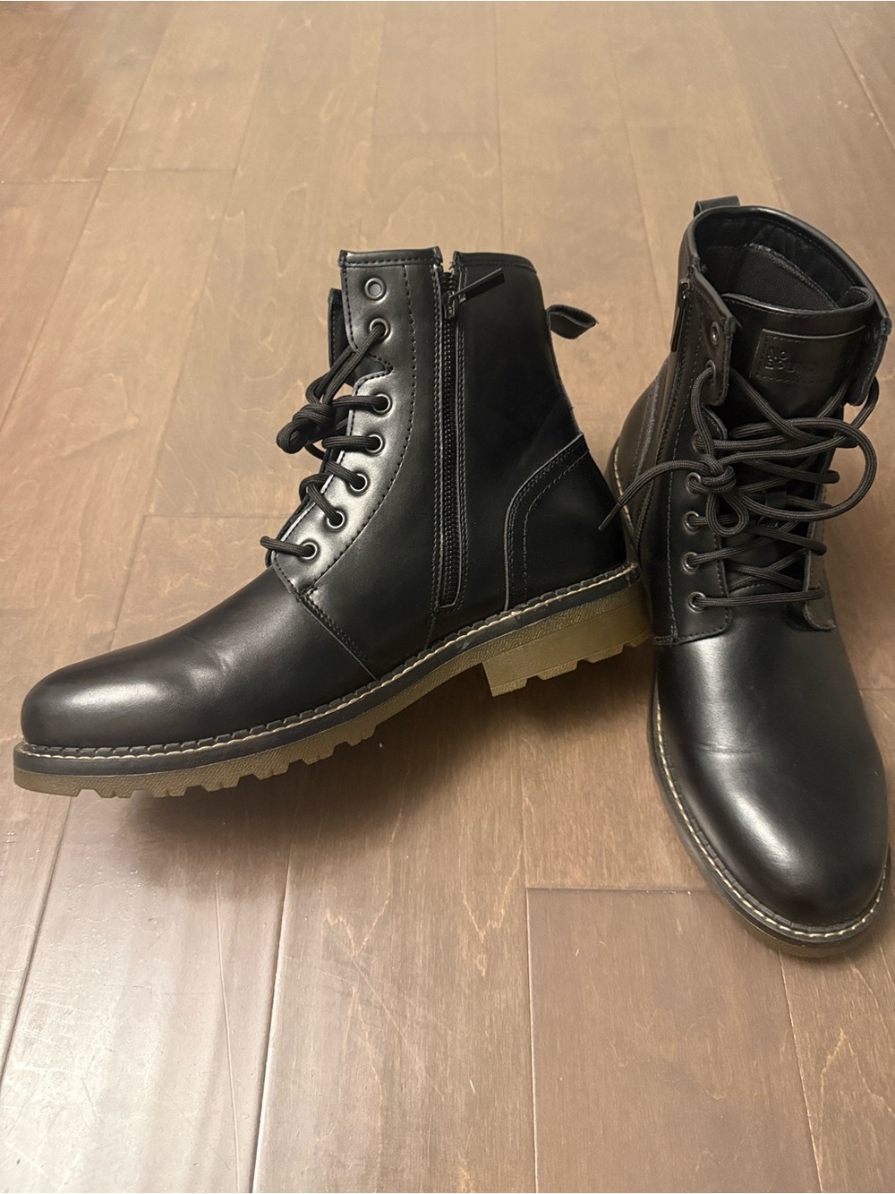 No Boundaries Black Lace-Up Combat Boots with Tan Lug Sole